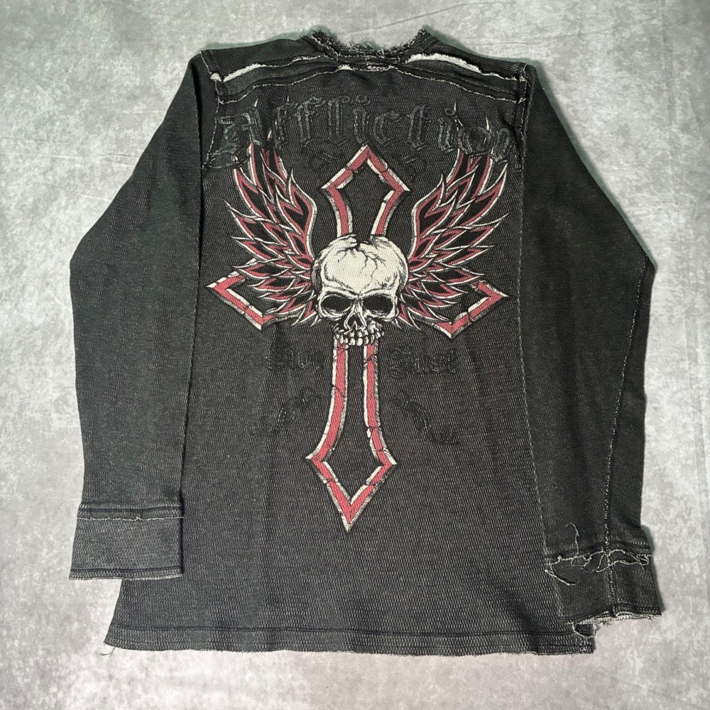 Affliction Mens Thermal Long Sleeve Shirt Skull Winged Cross Distressed Black L
